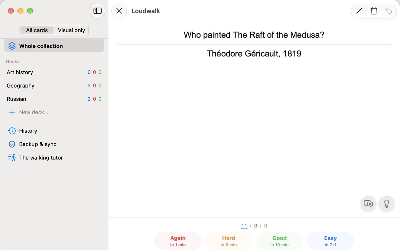 A card on the Mac: the question, the answer below a rule, Anki's four grade buttons with their real intervals, and two round buttons in the corner — a lightbulb and a speech bubble.