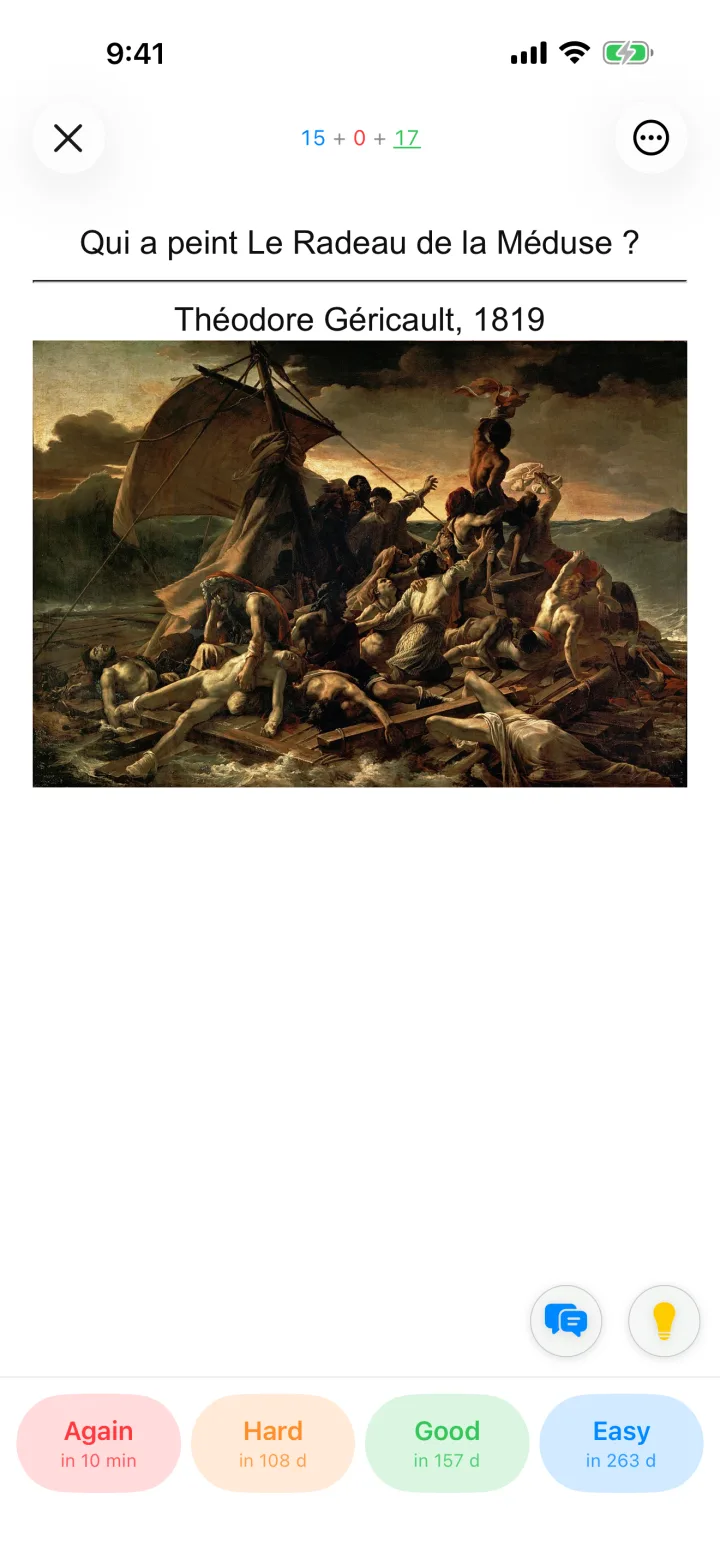Une carte sur iPhone, côté réponse : la question Qui a peint Le Radeau de la Méduse, la réponse Théodore Géricault, 1819, le tableau, quatre boutons de note avec leurs intervalles, et deux boutons ronds pour une conversation et un moyen mnémotechnique.