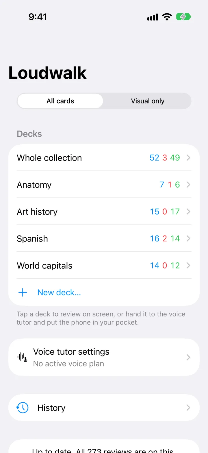 The iPhone deck list: a switch between All cards and Visual only, then four decks, each with three counts in blue, red and green.