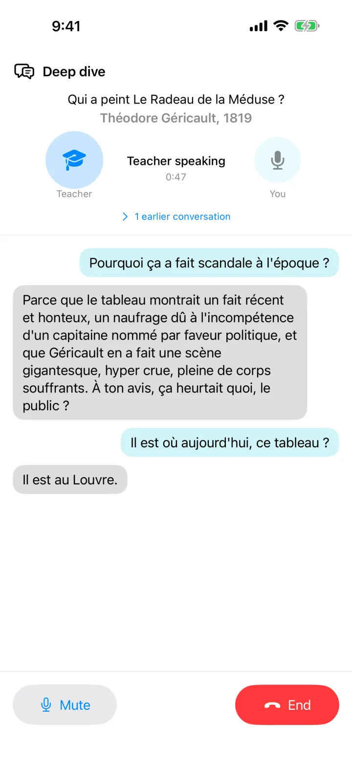 Une conversation sur iPhone : la question et la réponse de la carte, deux cercles pour le prof et pour vous, puis quatre répliques sur le scandale du Radeau de la Méduse et le musée où il se trouve.