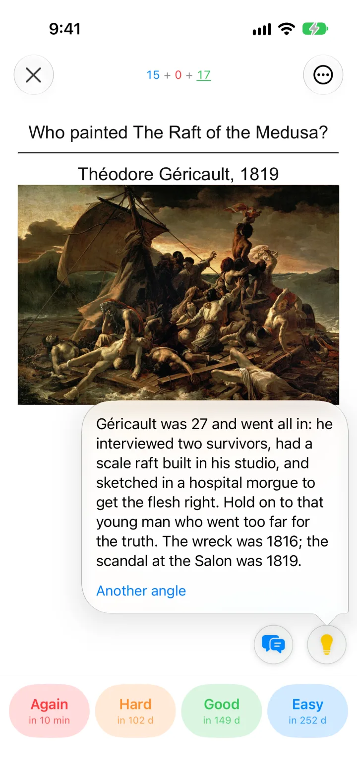 The answer side of a card with a note open above a lightbulb button: three sentences about how Géricault prepared the painting, and a link reading Another angle.