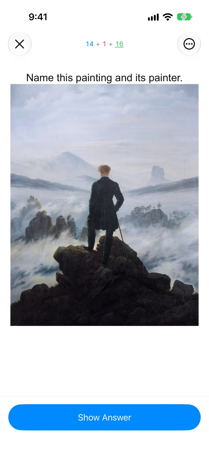 A card on the iPhone whose question is a painting, Wanderer above the Sea of Fog, above a Show Answer button.